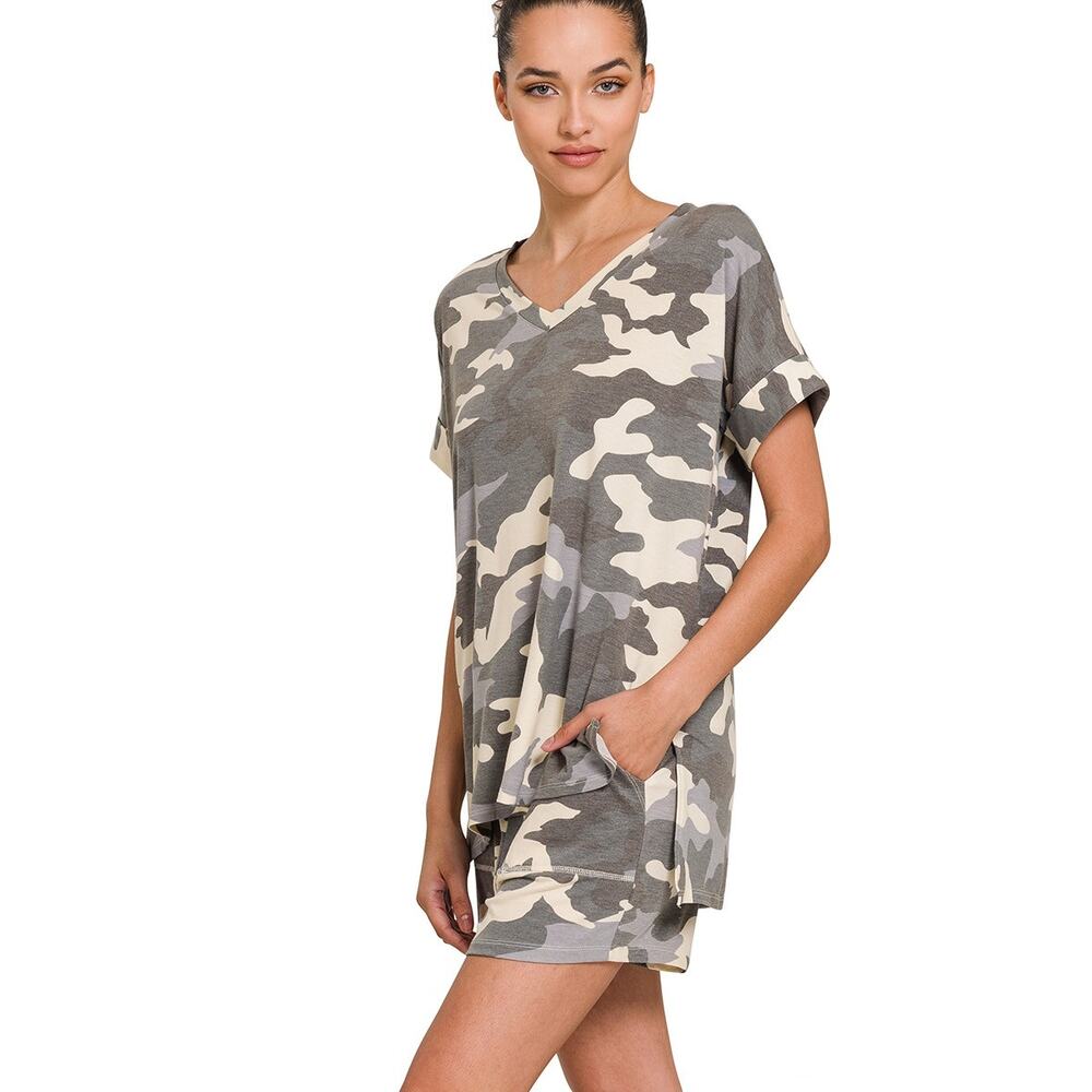ZENANA CAMO GRAY V-NECK TOP & DRAWSTRING SHORTS SET - Picture 2 of 10